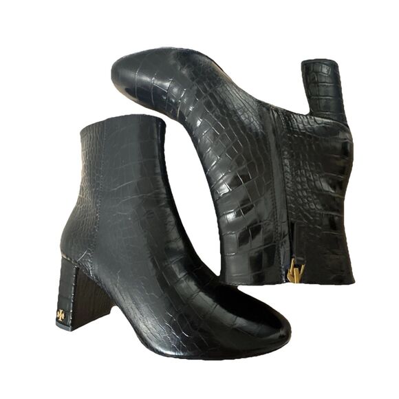 Tory Burch  Brooke Size 8 70 MM Leather Booties Croc Embossed Perfect Black $498 - Picture 1 of 14
